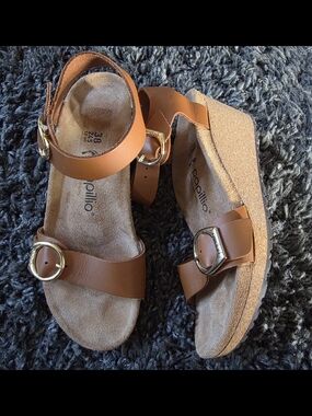 Papillio Tan Platform Sandals with Gold Buckles Size 38